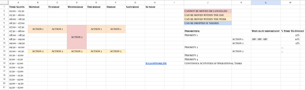 Calendar template for organizing priorities, time, and meeting flexibility.